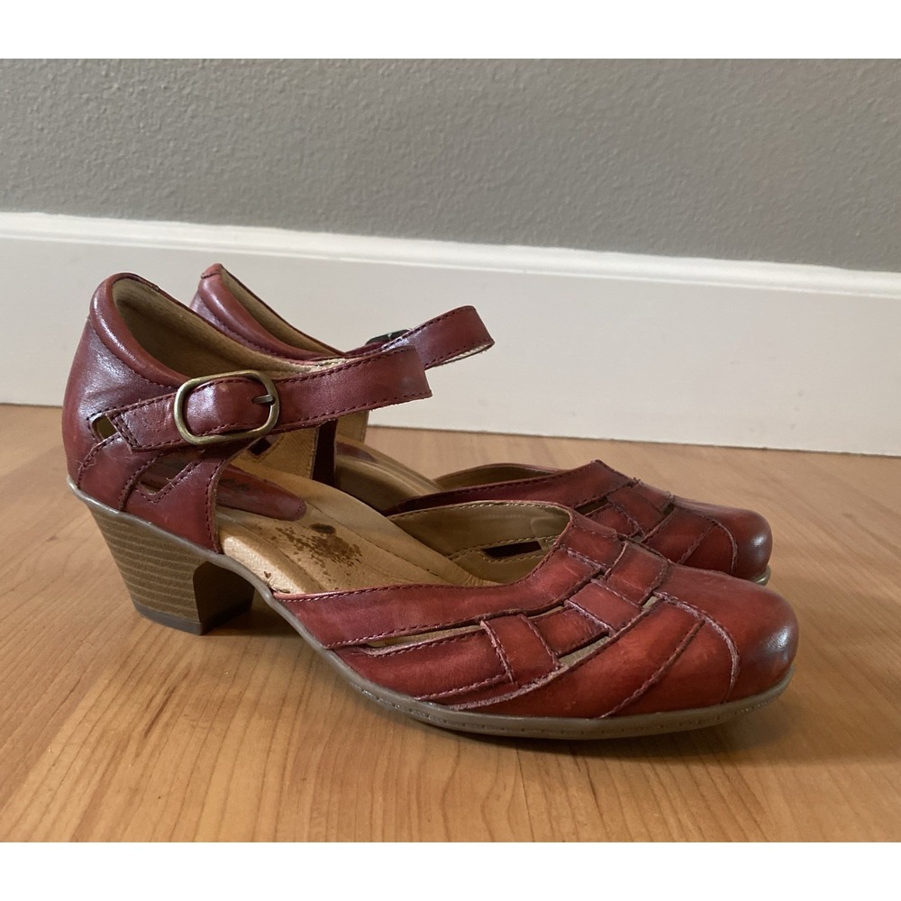 Earth Womens 7.5 Red Leather Mary Jane Shoes Woven T Strap Comfort Buckle